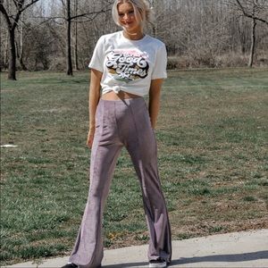 Lavender High Waist Ribbed Bell Bottom Flare Stretch Pants velour suede